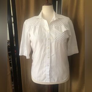 White Button-Up Top with Front Crochet Yoke and Pocket